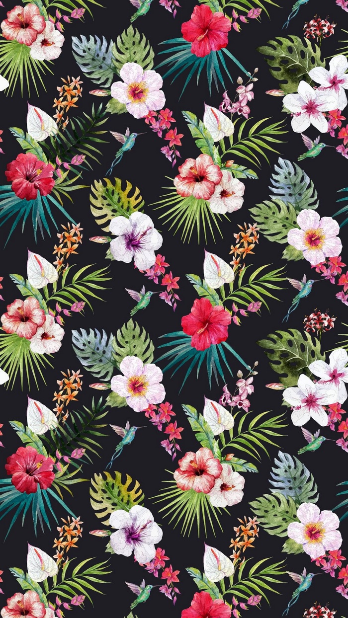 Tropical floral pattern with hummingbirds
