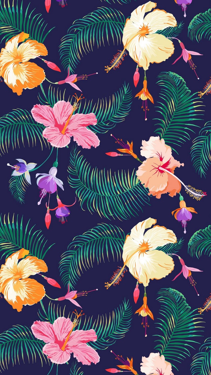 Tropical floral pattern with hibiscus and palm leaves