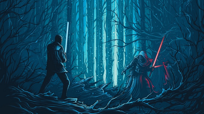 Luke Skywalker and Kylo Ren duel in a forest
