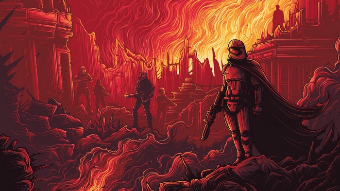 Stormtroopers in a fiery, ruined landscape