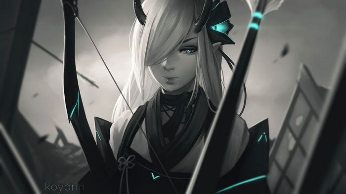 Anime girl with white hair, horns, and blue eyes holding a bow
