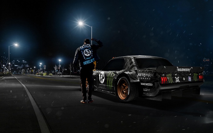 Ken Block and his Hoonigan Mustang at night