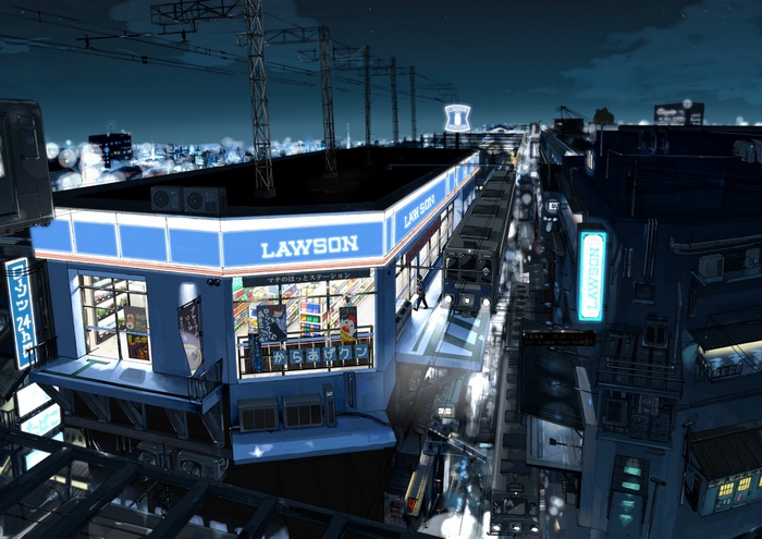Lawson convenience store at night with a train