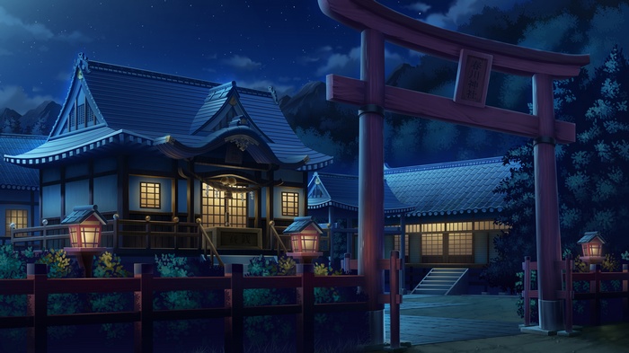 Japanese Shrine at Night with Torii Gate
