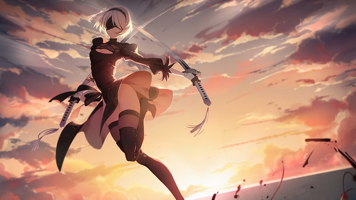 2B from Nier: Automata with swords at sunset