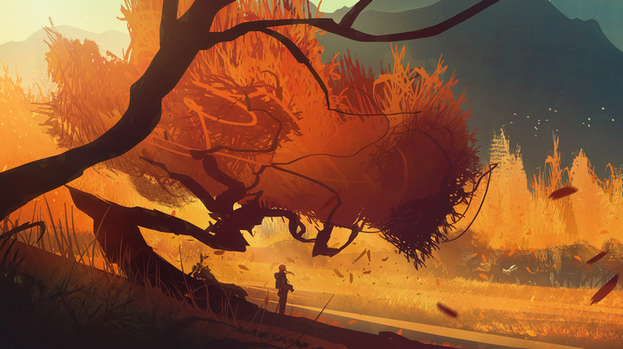 Digital art of a person walking through an autumn forest