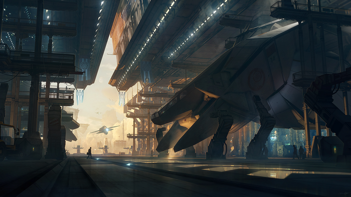 Futuristic spaceship docking bay with flying vehicles