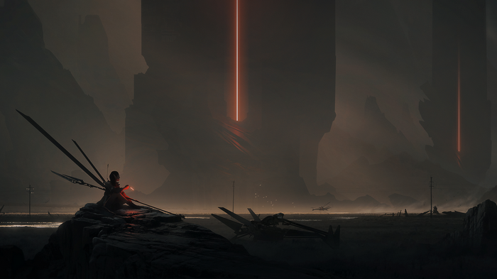 Futuristic landscape with a figure and towers