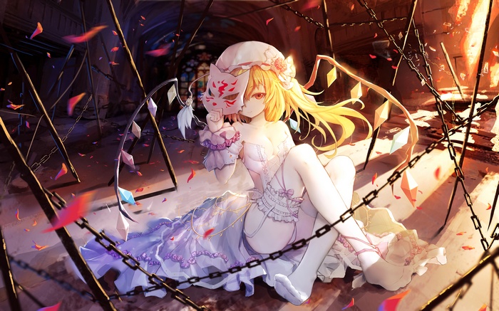 no bra, feet, Flandre Scarlet, wings, thick thigh, wedding dress, cleavage, blonde, stockings, panties, Touhou, chains, dress