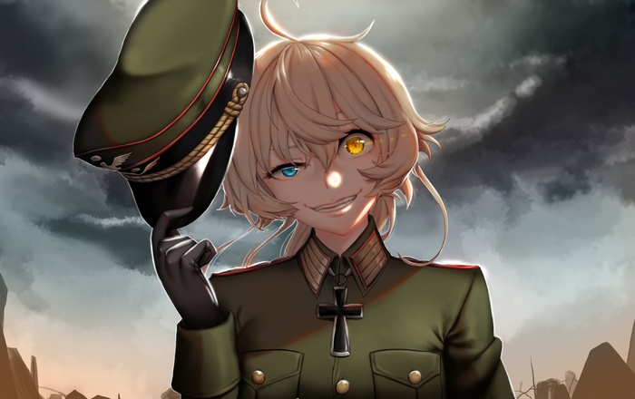 Tanya Degurechaff from Youjo Senki holding her hat