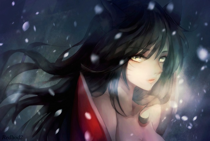 Ahri from League of Legends with black hair and yellow eyes
