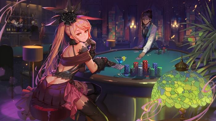 Anime girl in dress playing poker with dealer