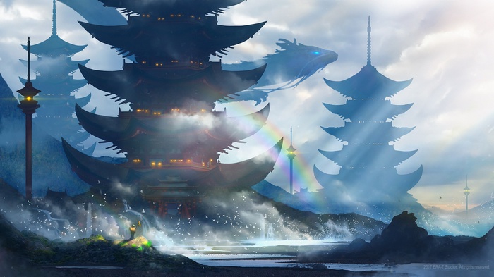 Dragon flying near pagodas and mountains