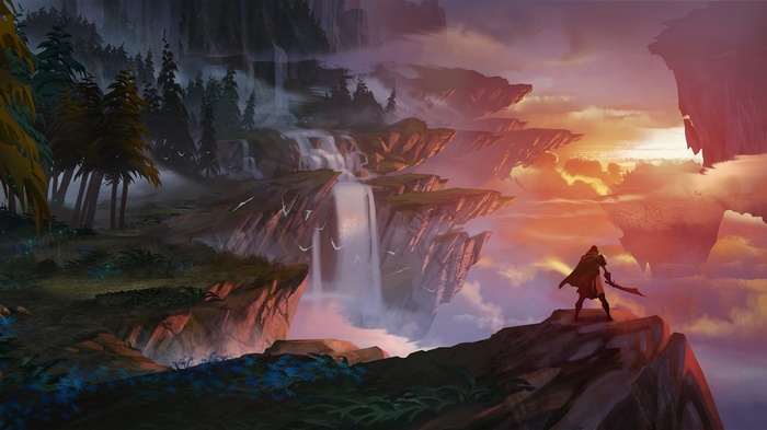 Dauntless character overlooking floating islands at sunset