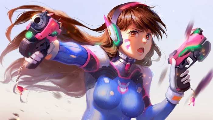 Digital Art D Va Overwatch Headphones Long Hair Artwork Gun