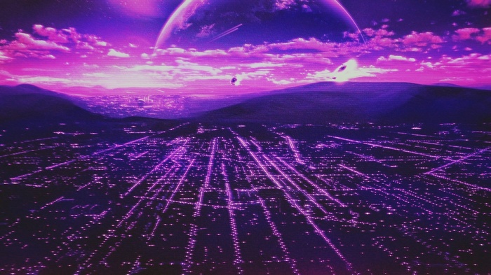 Retro city with planets and scanlines