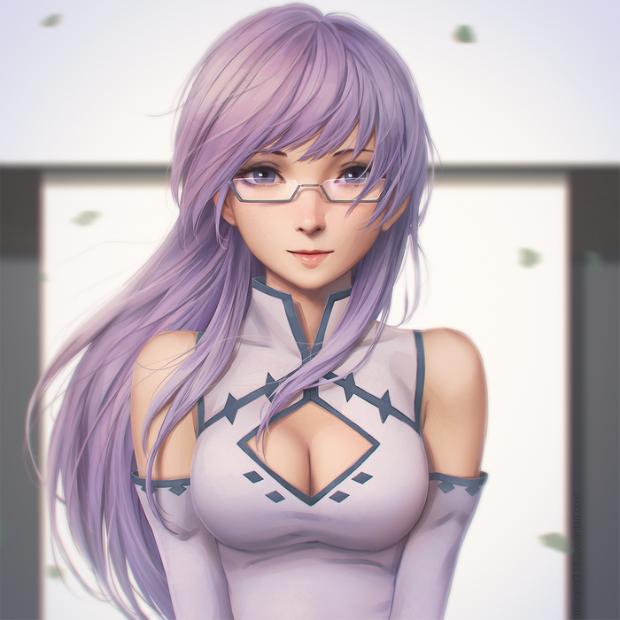 Sheele from Akame ga Kill! with violet hair and glasses
