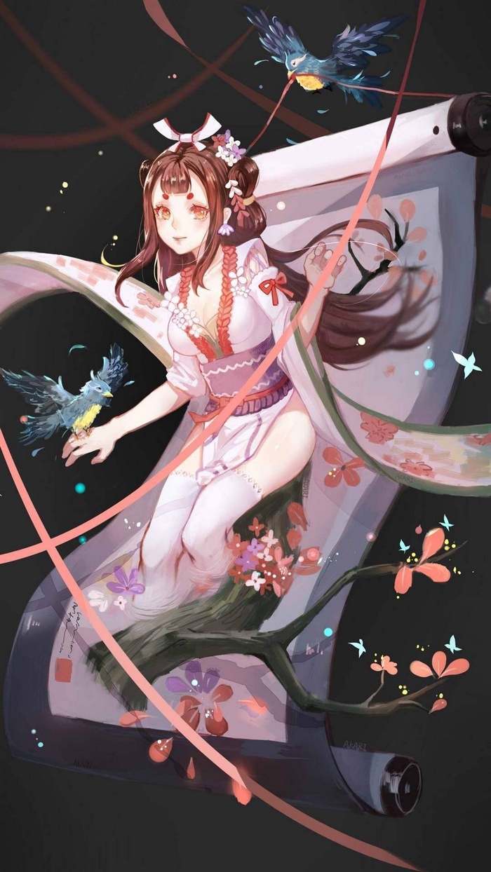 Anime girl in kimono with birds and flowers