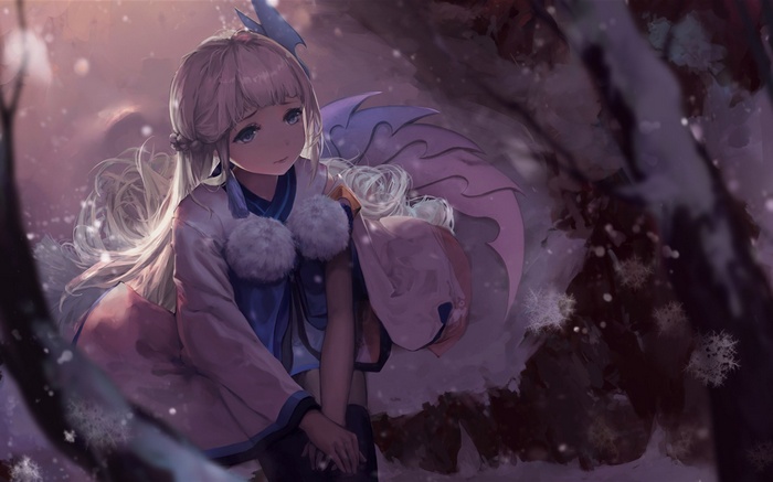 Anime girl with fox ears in snow