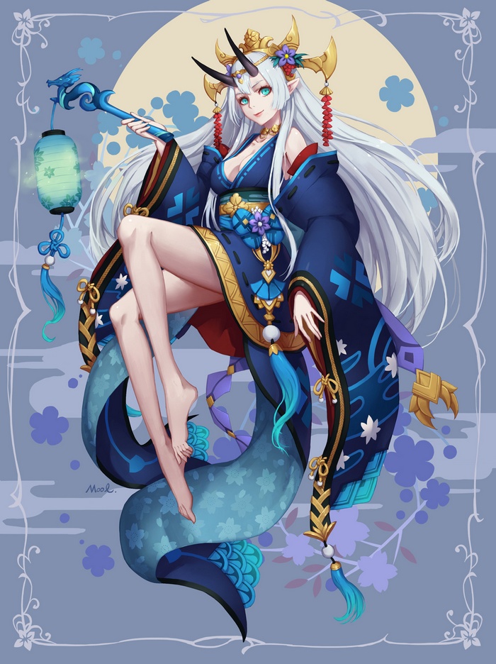 Anime girl with horns and snake tail holding a lantern staff
