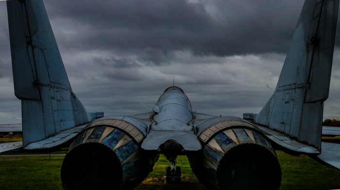 Rear view of a parked jet fighter aircraft