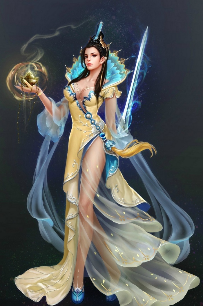 Anime woman in yellow dress with sword and incense burner