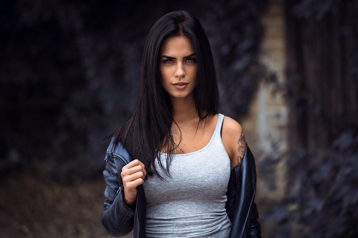 leather jackets, women, tattoo, Marlen Valderrama Alvaréz, depth of field, portrait