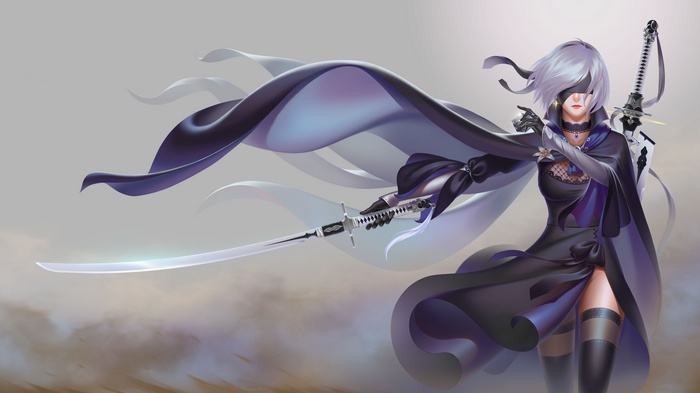 blindfold, video games, flowers, Nier: Automata, necklace, moles, NieR, white hair, katana, cloaks, gloves, 2B (Nier: Automata), head band, 2B, short hair, cube, human android, leggings, dress