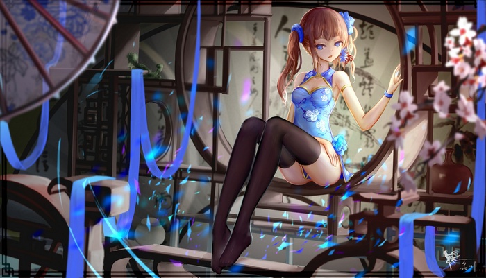 Anime girl in blue Cheongsam with pigtails