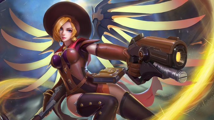 Witch Mercy from Overwatch with gun and wings
