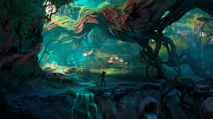 Artwork of Fury from Darksiders 3 in an overgrown post-apocalyptic landscape