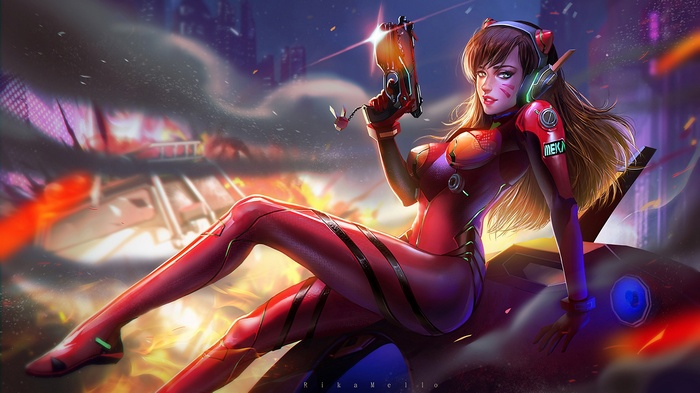D.Va from Overwatch in a red mech suit
