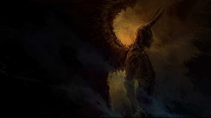 Demonic creature with horns and wings in dark art