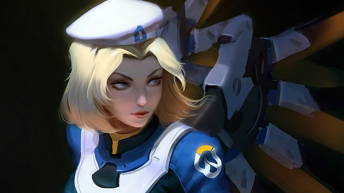 Mercy from Overwatch wearing a white beret and blue uniform