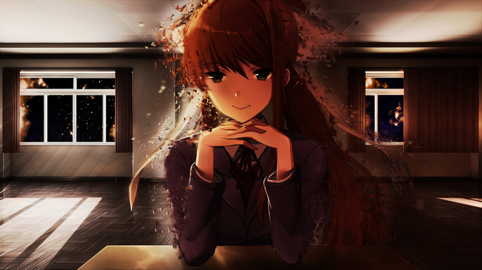 Monika from Doki Doki Literature Club in a room