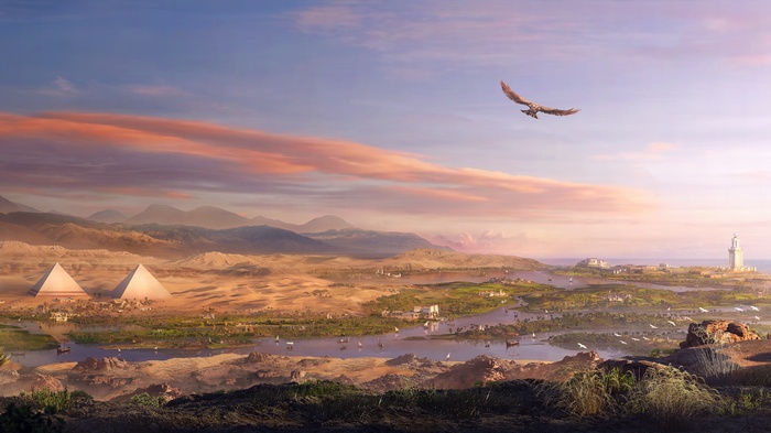 Assassin's Creed: Origins landscape with pyramids and river