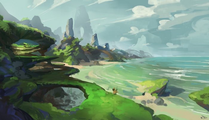 Fantasy coastline with a hunter and rock formations
