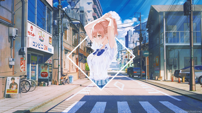 Anime girl in a white shirt and blue tie in a city street