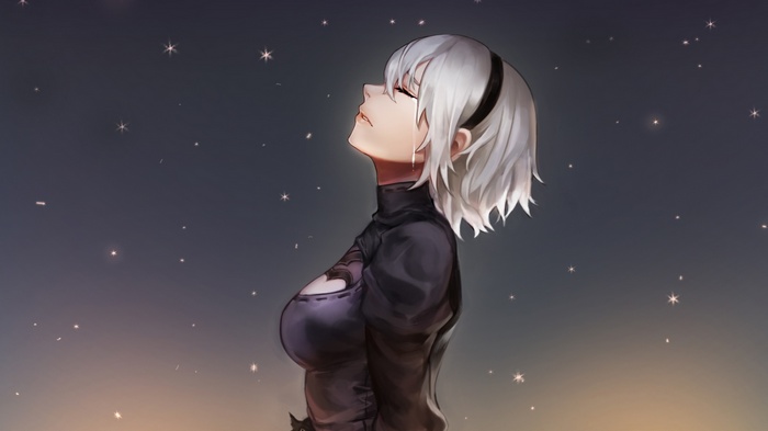 2B from NieR: Automata crying under the stars