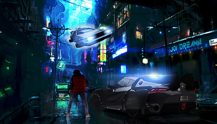 Marty McFly in a futuristic city with a flying DeLorean