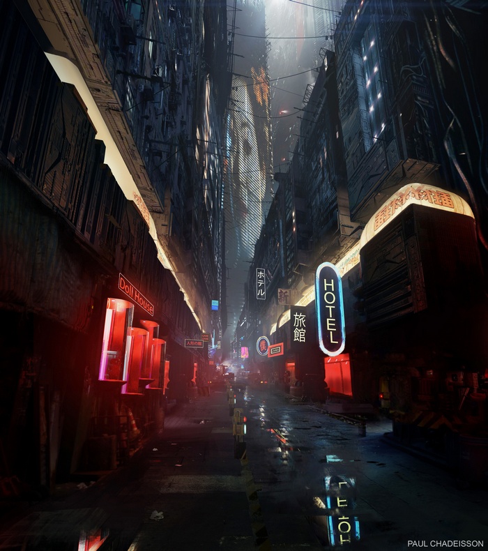 Cyberpunk city street with neon signs