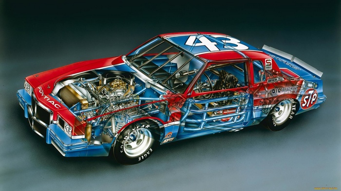 Cutaway illustration of a 1982 Pontiac NASCAR race car
