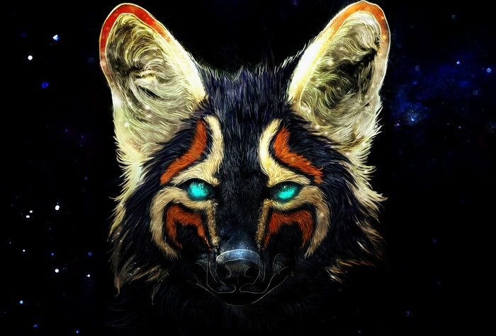 Digital art of a fox with blue eyes in space