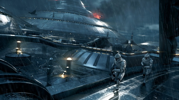 Clone Troopers on a rainy platform in Star Wars