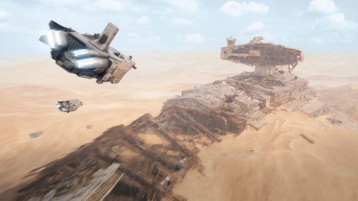 Star Wars Star Destroyer wreck on Jakku with ships
