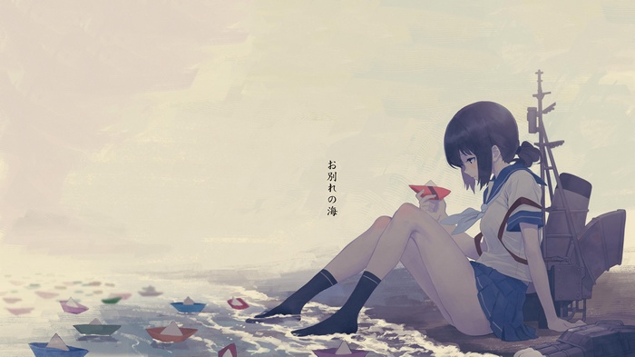 school uniform, water, anime girls, artwork, miniskirt, Kantai Collection, legs, socks, Fubuki (KanColle), anime, paper boats