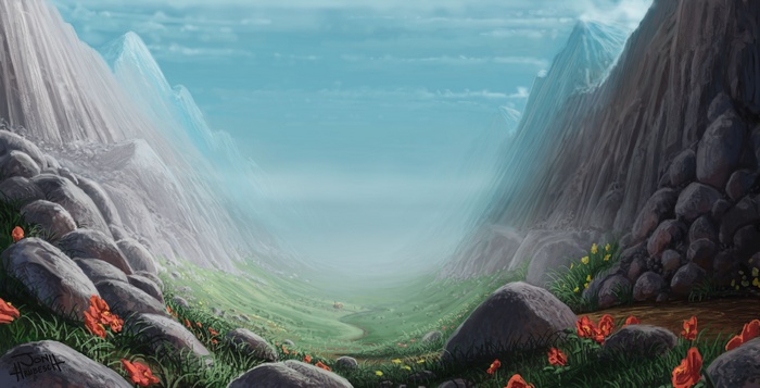 Artwork of a mountain valley with red flowers