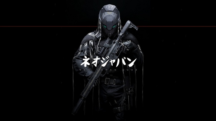 Futuristic soldier with sniper rifle and Japanese text