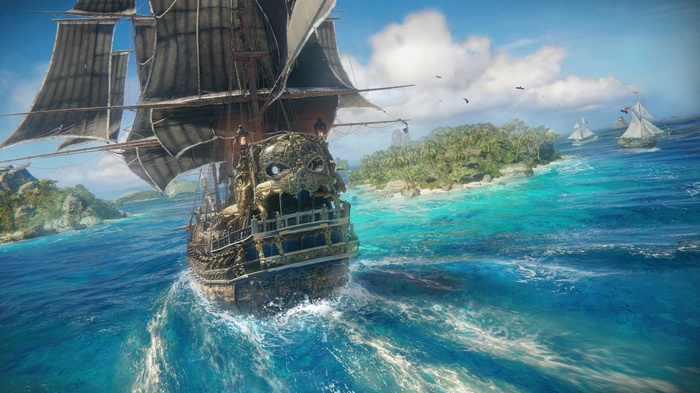 Skull and Bones pirate ship sailing near islands