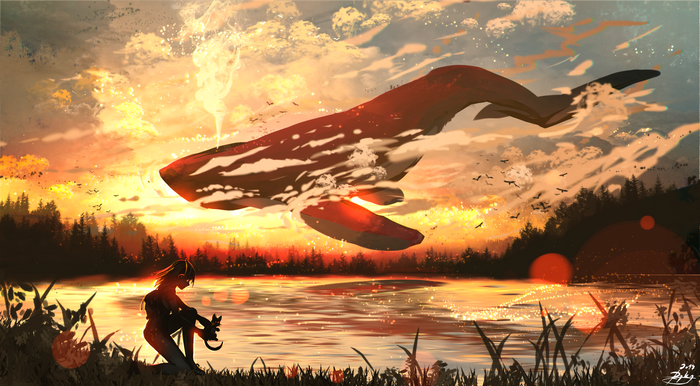 Fantasy whale flying over a lake at sunset